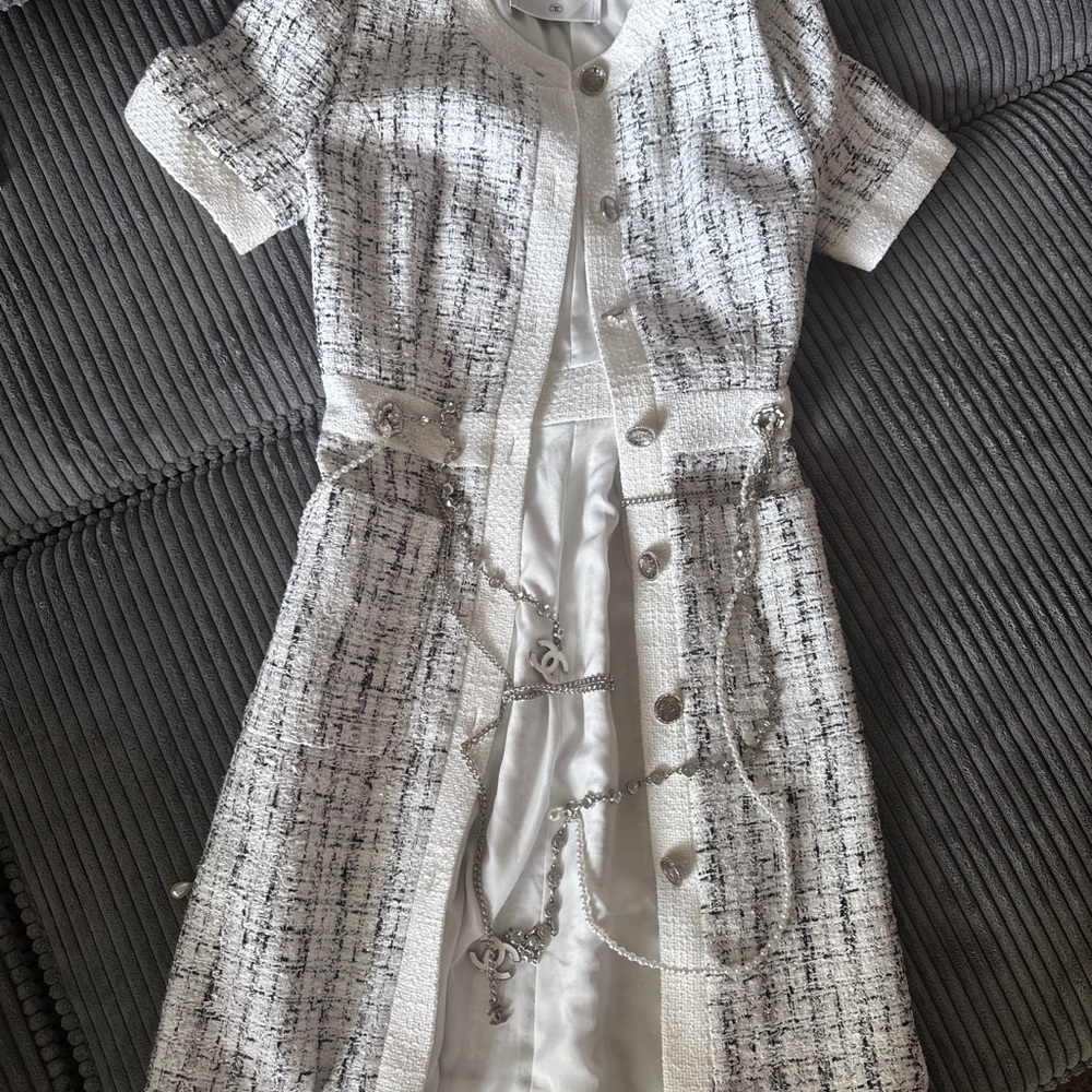 CHANEL  Elegant White and Black Dress with Silver Details